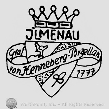 A crown on top of a shield with a ribbon around;word ILMENAU under the crown.