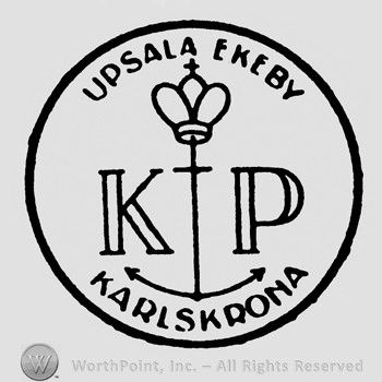 A crown with cross on top;an anchor in the middle;Karlskrona written below;Upsala Ekeby inside a circle.