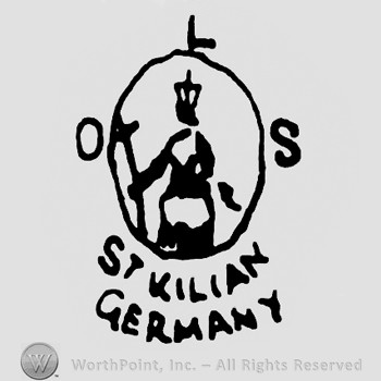 Oval with a priest and a crown inside;letters O L S on top;ST KILIAN GERMANY written below.