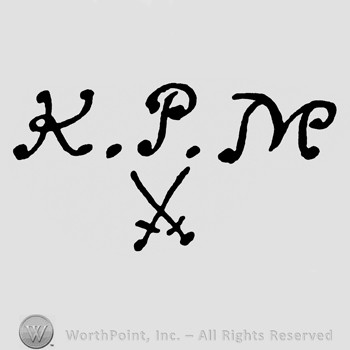 Letters KPM and two crossed swords below.