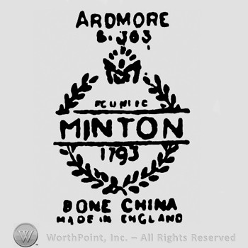 Minton 1793 written in the middle of a circle made from branches;a crown and word Ardmore on top;Bone China Made In England at the bottom.