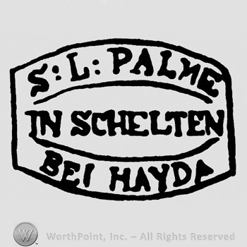 Shape similar with a curved rectangle;S L Palme written on top;In Schelten in the middle;Bei Hayda written below.