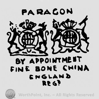 Symbol made from two globes and two animals;word Paragon on top;and BY APPOINTMENT FINE BONE CHINA ENGLAND REG written below.
