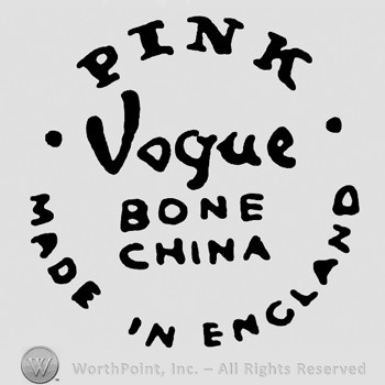 VOGUE BONE CHINA written in the middle;Pink on top;Made in England written below.