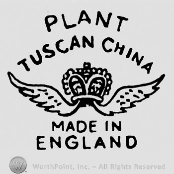 A crown with wings in the middle;Plant Tuscan China written on top;Made in England written below.