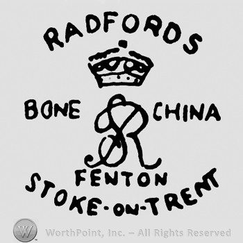 Letter R and a crown in the middle;Bone China on sides;Radfords written on top;Fenton Stoke on Trent written below.