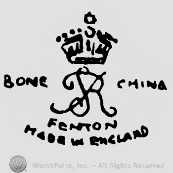 Monogram of letters SJR in  the middle;Bone China on sides;a crown on top;Fenton Made in England written below.