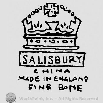 A crown with cross on top;a rectangle with Salisbury written inside;China Made in England Fine Bone below.