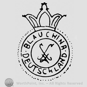 A crown on top of a circle;letter X or two crossed letters S in the middle;Blauchina Deutschland written.