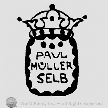 A crown on top of a rectangle;Paul Muller Selb written inside.