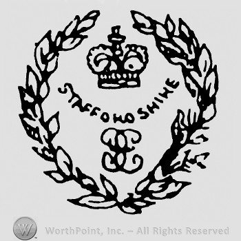 Monogram of letters CE,word Staffordshire and a crown on top;branches on sides.