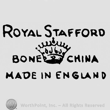 A crown with Bone China in the middle;Royal Stafford on top;Made in England below.