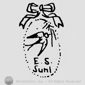 A bird inside an oval;E S Suhl writen below.