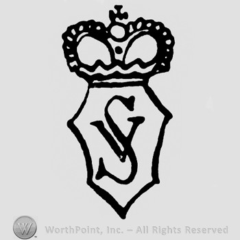 A crown with cross on top;shape with letters VS in the middle.