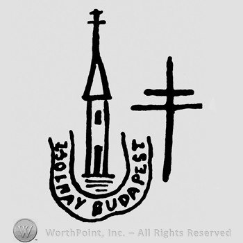 A tower and a cross;Zsolnay Budapest written below.