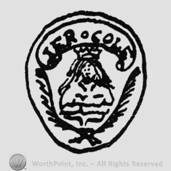 a crowned female figure, laurels on the bottom, label above "JER COLE", inside an oval