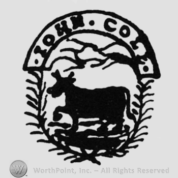 a cow and a branch, laurels on the bottom, label above "IOHN COLE"