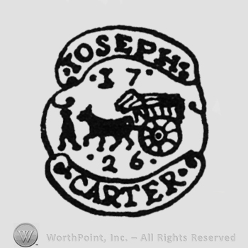 wagon pulled by horses, digits and a man walking before the cart, 17 above, 26 under, label above IOSEPH, under CARTER