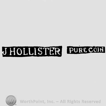 The name J. Hollister written with uppercase letters next to the words 'Pure coin', written smaller but also with uppercase letters