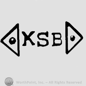 Uppercase letters KSB between two triangles with a small circle in.