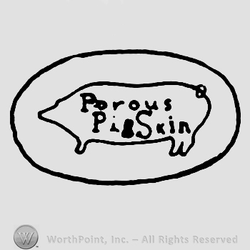 The words Porous Pig Skin written on the image of a pig, with lowercase letters, inside an oval. 