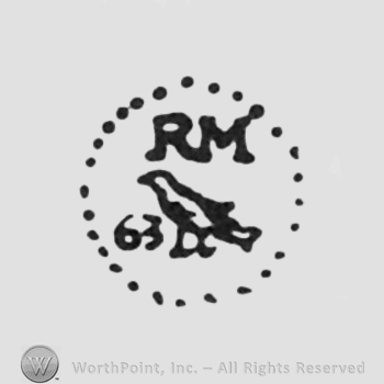 capital initials RM up 63 bird under all in a dotted circle