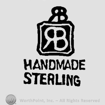 Letters R and B back to back in a square; Handmade Sterling written below with uppercase letters