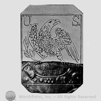 Insignia consisted of plate; eagle above words I R ART and some cannon balls; letters U and S written on top.