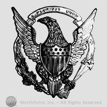 Insignia consisted of an eagle with shield; brunch and arrows in it's claws; E. PLURIOUS UNUM written on a ribbon above.