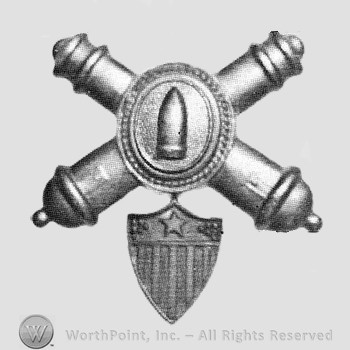 Insignia consisted of crossed cannons with a plate at the intersection; bullet on the plate and a shield below.