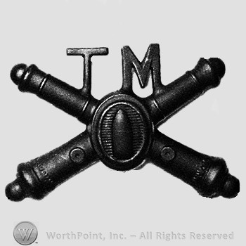 Insignia consisted of crossed cannons with a bullet at the intersection and letters TM above.