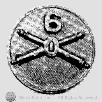 Insignia consisted of crossed cannons with a bullet at the intersection and number 6 above; all on a plate.