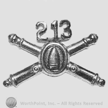 Insignia consisted of crossed cannon with a bullet at the intersection; number 213 above.