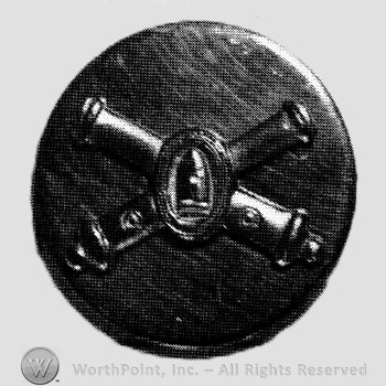 Insignia consisted of crossed cannon with a bullet at the intersection; all on a plate.