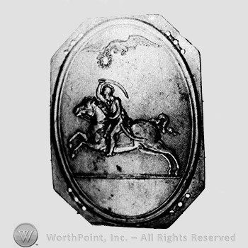 Insignia consisted of a man with sword and an eagle above; all on a plate.