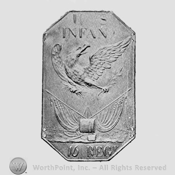 Insignia consisted of a plate with an eagle above two crossed flags, stacked arms, one drum and one cartridge box; US INFANY written above and 16 REG written below.