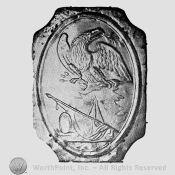 Insignia consisted of a plate with an eagle displayed with a branch of olive leaves in its beak, its right talon grasping three arrows, the left talon grasping two lightning bolts, all over a flag bearing a pointed shield, a stack of arms and a drum.