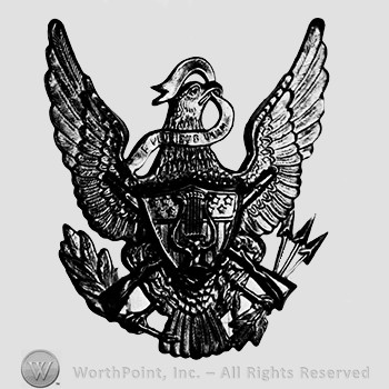 Insignia consisted of eagle gold-plated, with detachable shield and rifles worn with regimental number in silver on the shield; arrows and branch in the claws of the eagle and a ribbon in the beak.
