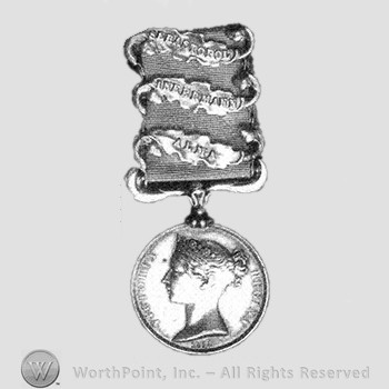 British ,,Crimea" medal w/3 clasps; SEVASTOPOL, INKERMANN and ALMA written on the ribbon; woman's head on the medal.