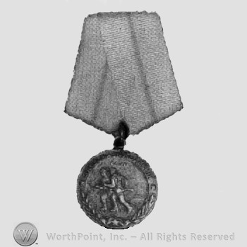 Medal of two armed men and bi-fold ribbon.