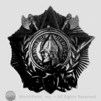 Badge like a star; warriorhead, crossed axe.