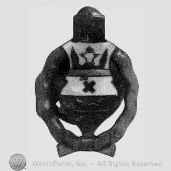 Shape like a shield with two arrows below cross of St. Andrew; imperial eagle design above.