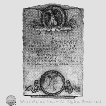 Medallion in rectangular format; eagle in wreath at top; lettering and hockey figure.
