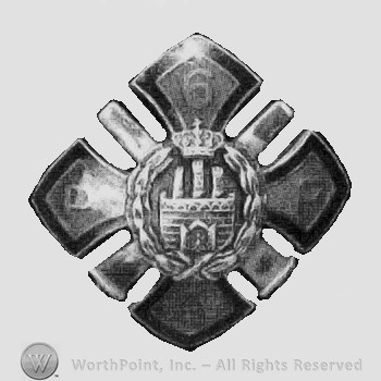 Crowned castle inside a wreath, all on a four points star.