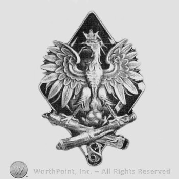 Crowned peacock above crossed binoculars; diamond behind.