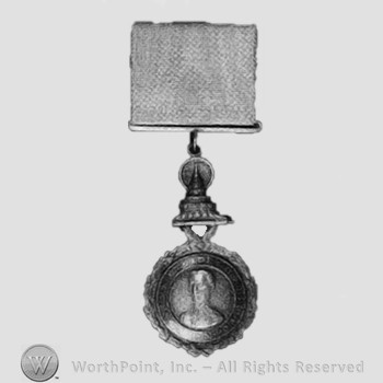Man's bust on a medal; pagoda suspension.