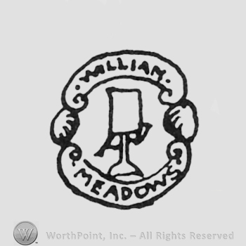 curved capital letters WILLIAM up MEADOWS down plate on a stand middle between seashels