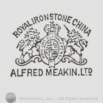 an oval shield with a crown above, a lion on the left and an unicorn on the right and the text ROYAL IRONSTONE CHINA ALFERD MEAKIN LTD