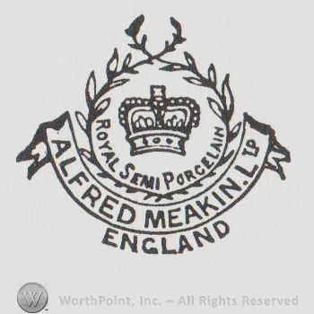 a crown surrounded by two branches above a banner with ALFRED MEAKIN LTD and ROYAL SEMI PORCELAIN ENGLAND