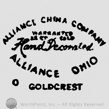 Alliance china company written arched above warranted written above 22kt gold written above Hand decorated written above Alliance ohio written arched above goldcrest